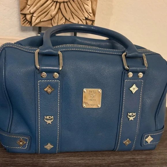 MCM Blue Leather Boston Bag with Silver Accents - Picture 2 of 13